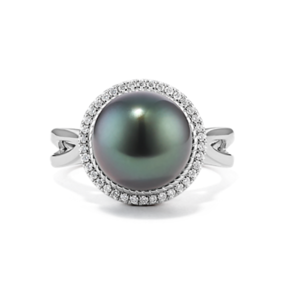 10mm Cultured Tahitian Pearl & Diamond Halo Ring