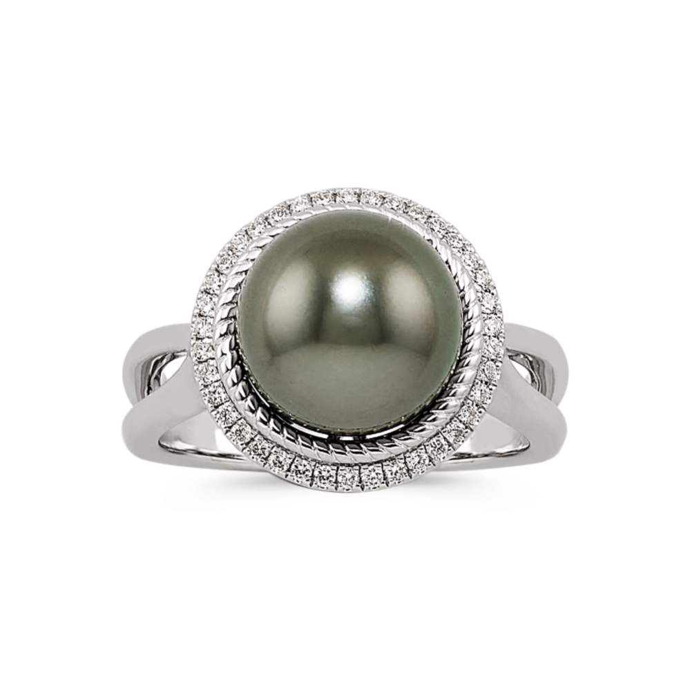 Rimini 10mm Tahitian Pearl and Diamond Ring in Sterling Silver
