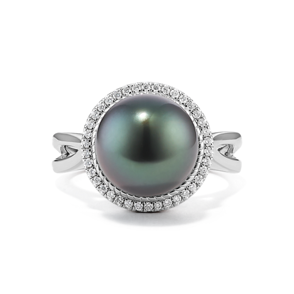 Rimini 10mm Tahitian Pearl and Diamond Ring in Sterling Silver