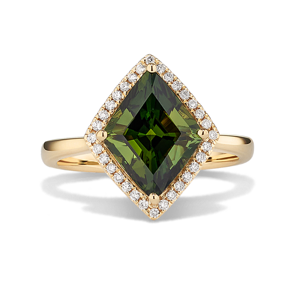 Kite-Shaped Green Sapphire & Diamond Halo Ring
