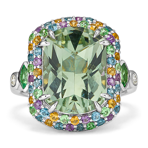 Green Quartz & Multi-Gemstone Halo Cocktail Ring