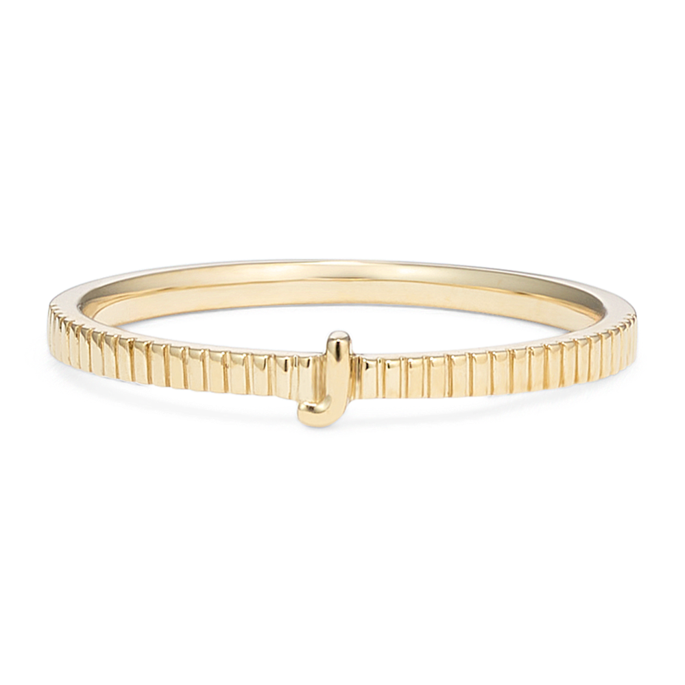 Letter J Fluted 14K Yellow Gold Ring