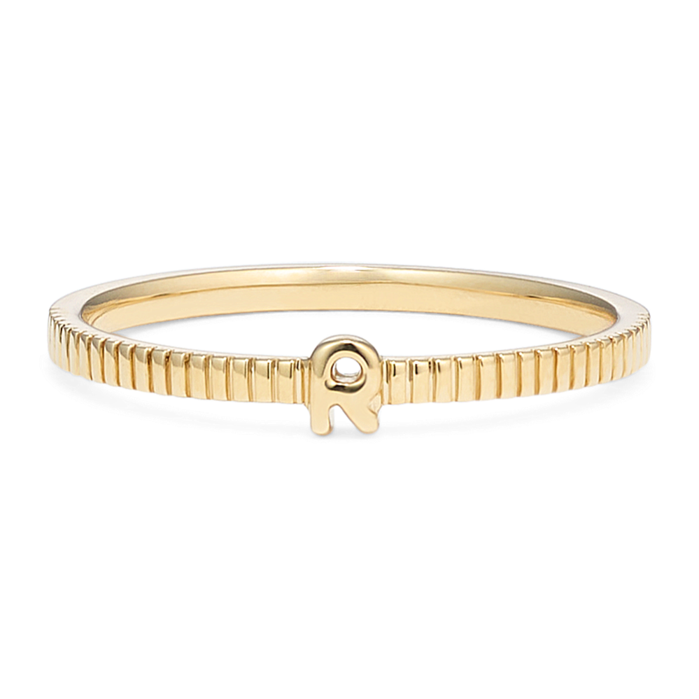 Letter R Fluted 14K Yellow Gold Ring