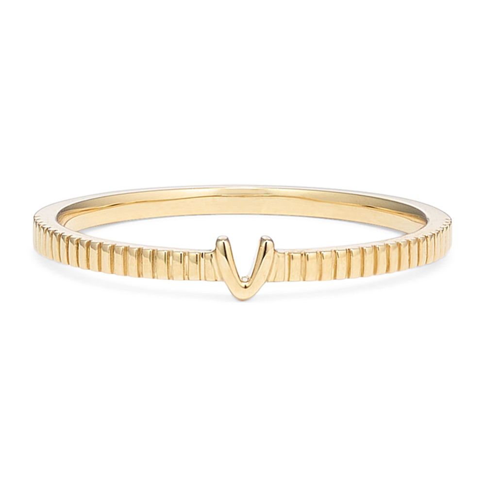 Letter V Fluted 14K Yellow Gold Ring