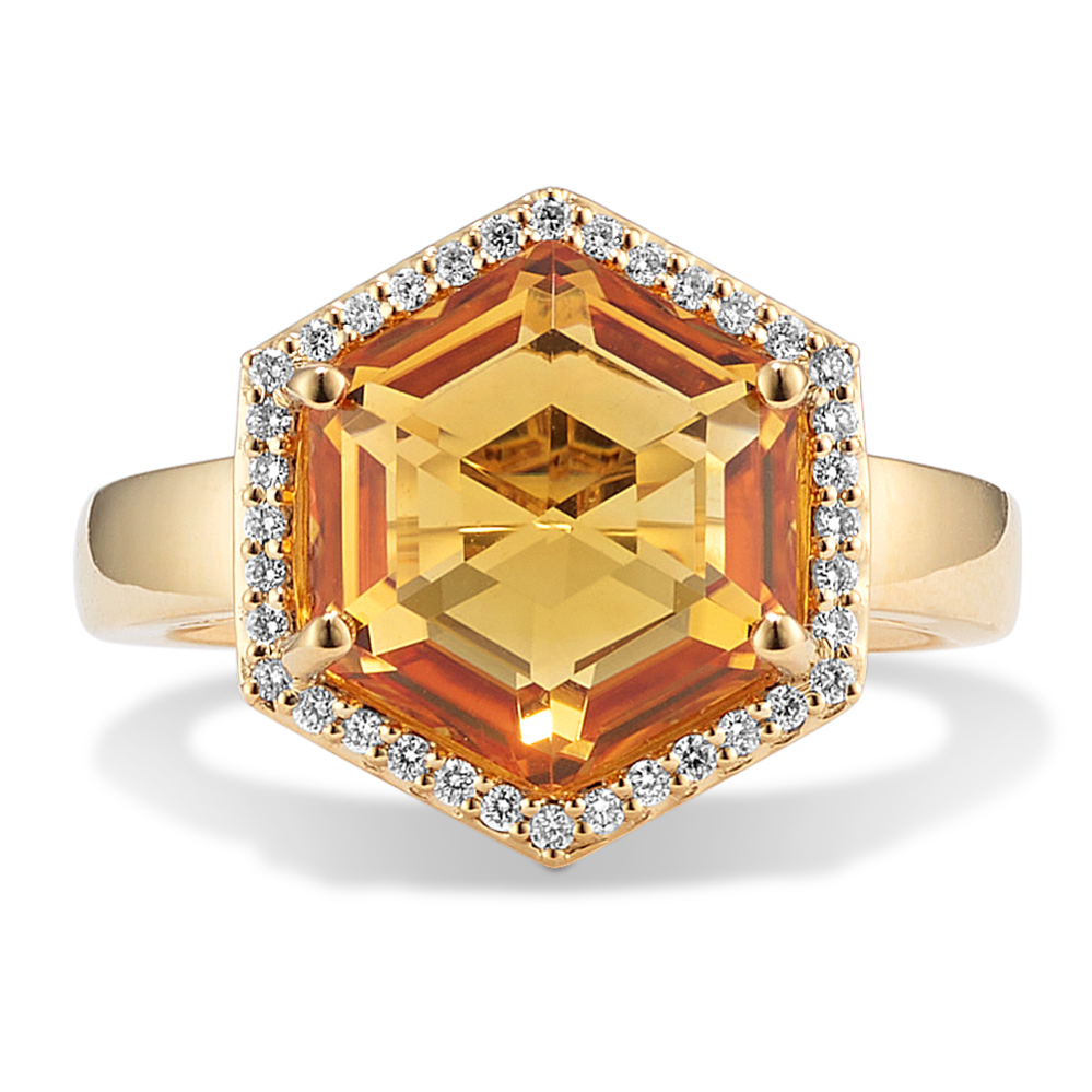 Hexagon Citrine & Diamond Halo Ring
