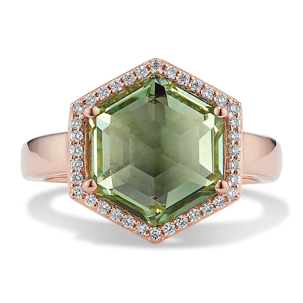 Hexagon Mint Green Quartz & Diamond Halo Ring
