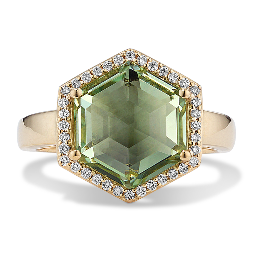 Hexagon Mint Green Quartz & Diamond Halo Ring