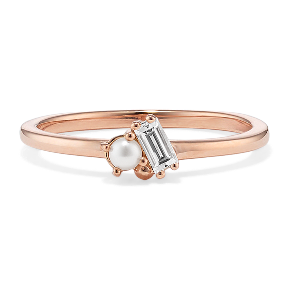 Cultured Pearl & Baguette Diamond Ring