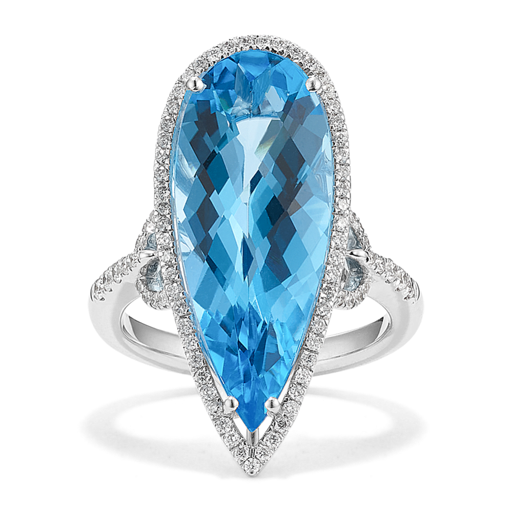 Swiss Blue Topaz & Diamond Halo Cocktail Ring