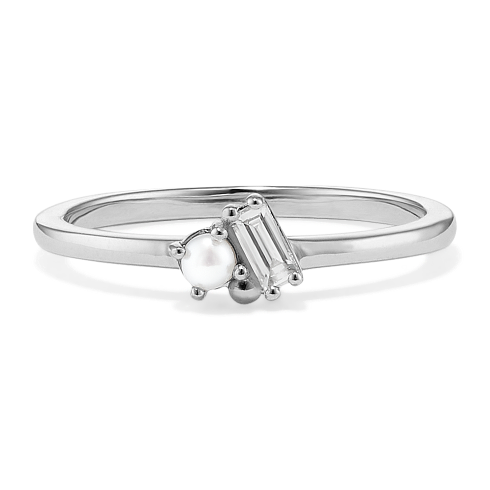 Cultured Pearl & Baguette Diamond Ring