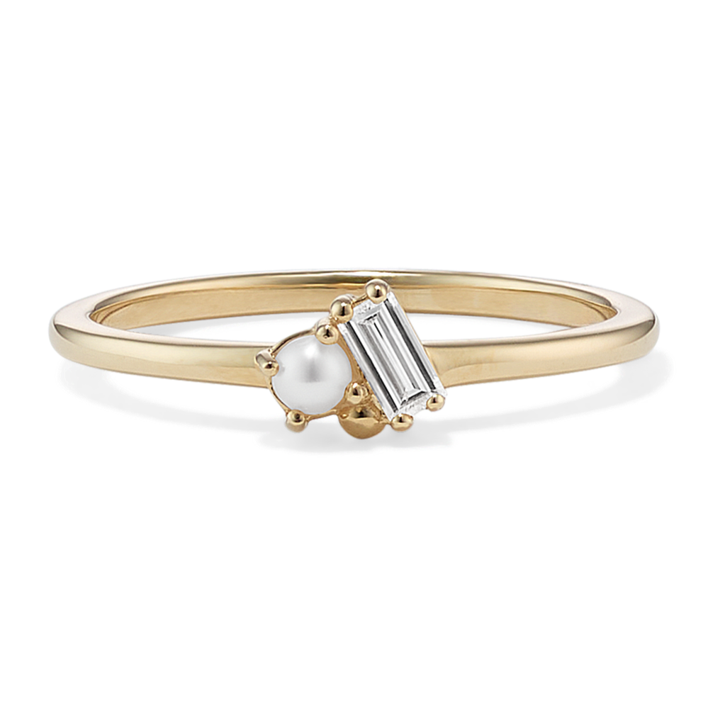 Cultured Pearl & Baguette Diamond Ring