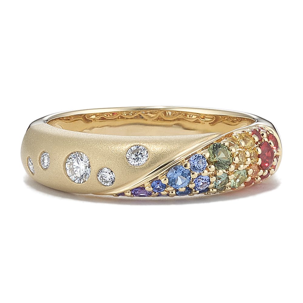 Mosaic Rainbow Sapphire & Flush-Set Diamond Ring