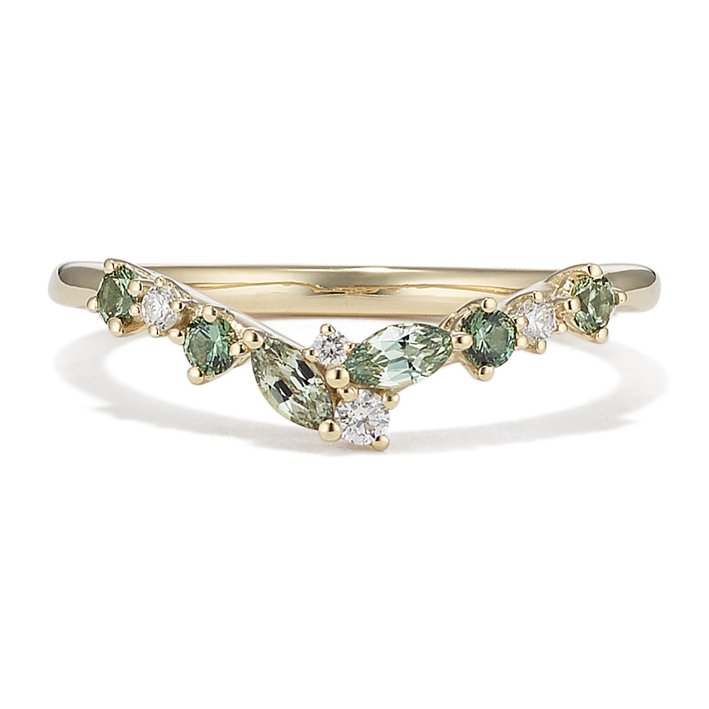 Floral Cluster Green Sapphires Contour Band
