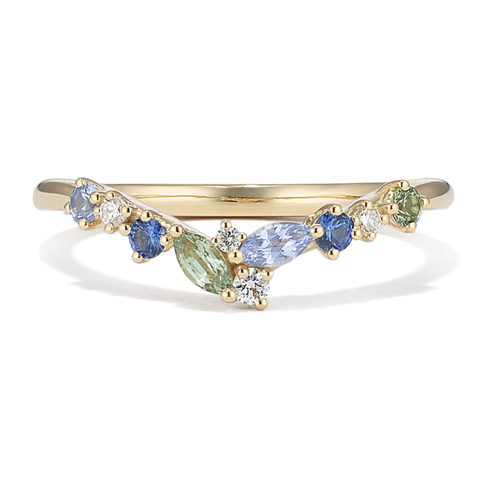 Floral Cluster Blue & Green Sapphire Contour Band