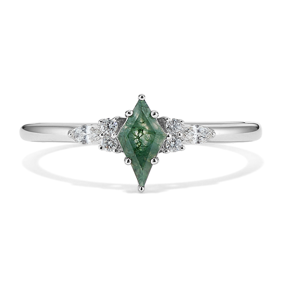 Fawn Kite-Shaped Moss Agate & Diamond Promise Ring