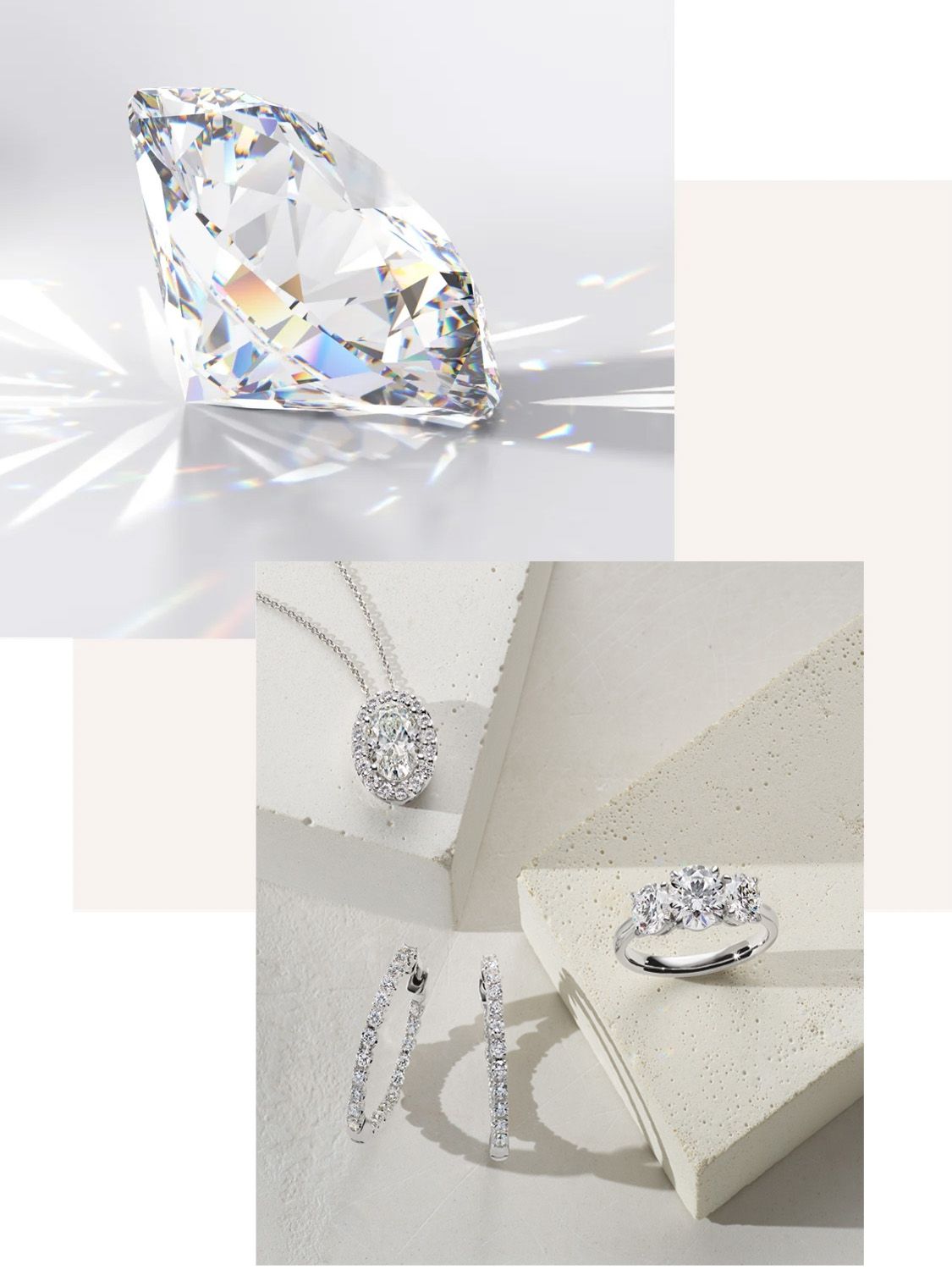 Images of a loose lab-grown diamond and a woman wearing a diamond engagement ring