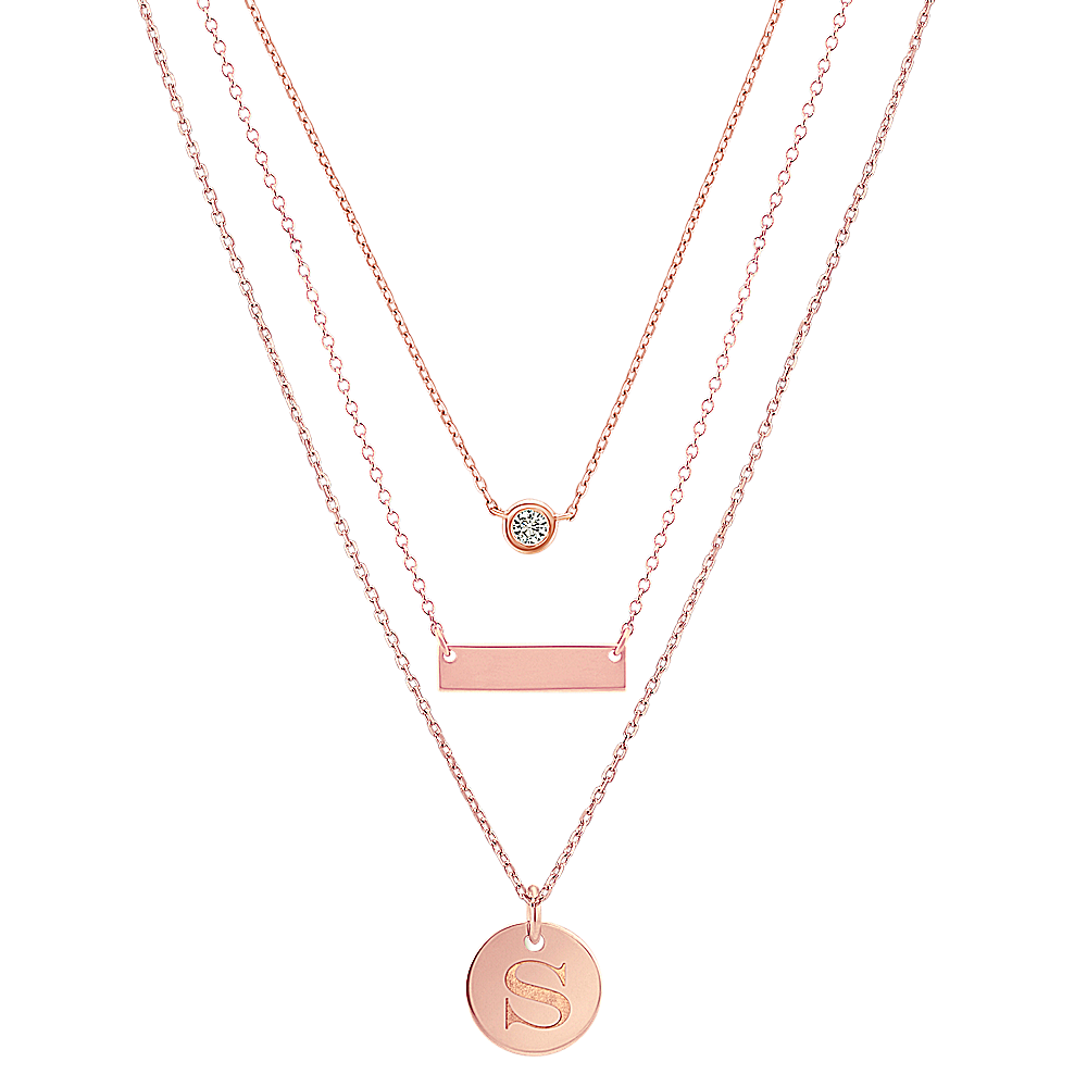 14k Rose Gold Bar, Disk and Diamond Layered Necklaces 