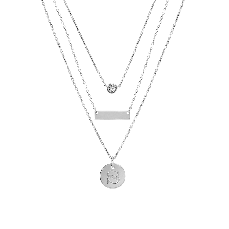14k White Gold Bar Disk and Natural Diamond Layered Necklaces