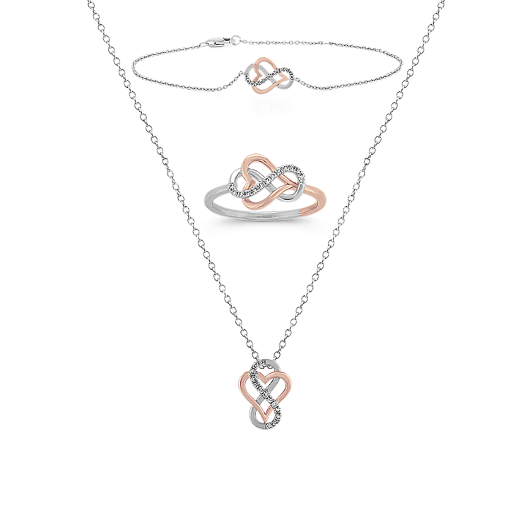 Natural Diamond Infinity Heart Pendant Ring and Bracelet Matching Set