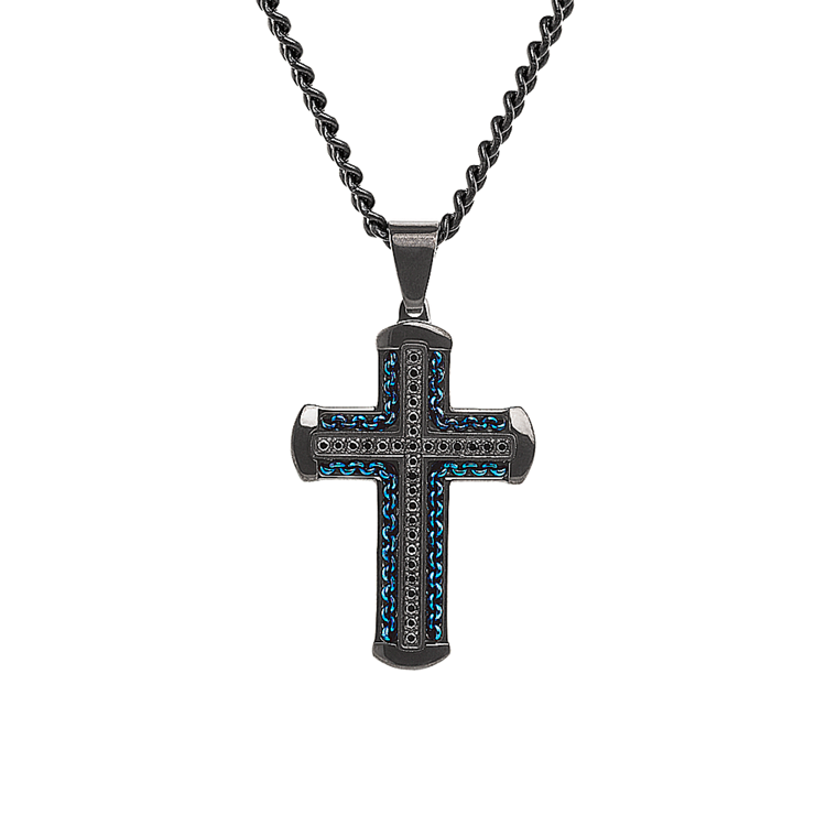 Black Natural Diamond and Black Ionic Plated Stainless Steel Cross (24 in)