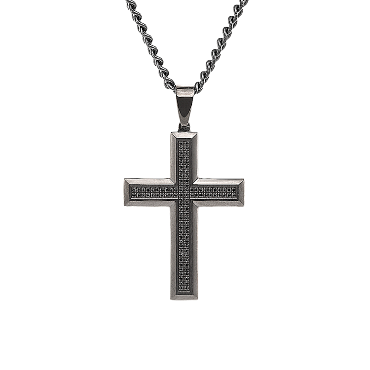Black Natural Diamond and Black Ionic Plated Stainless Steel Cross (24 in)