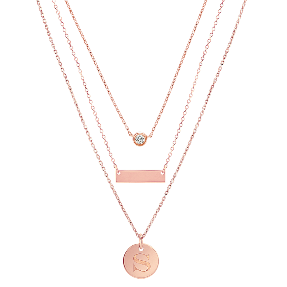 14k Rose Gold Bar Disk and Diamond Layered Necklaces