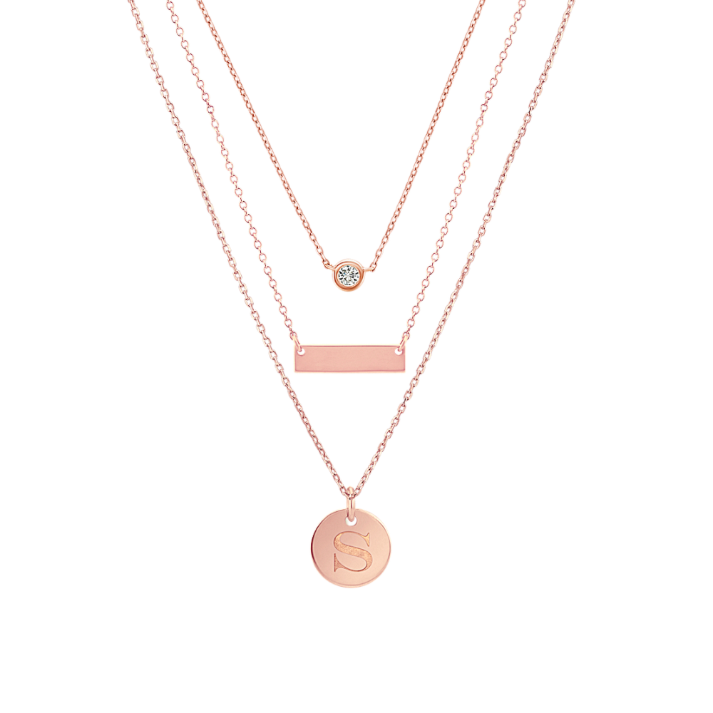 14k Rose Gold Bar Disk and Natural Diamond Layered Necklaces
