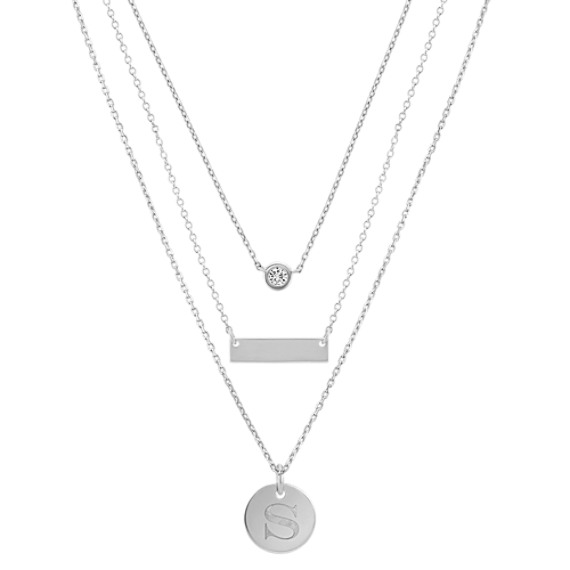 14k White Gold Bar Disk and Diamond Layered Necklaces | Shane Co.