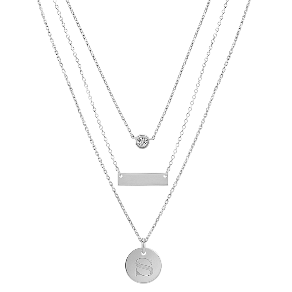 14k White Gold Bar Disk and Diamond Layered Necklaces