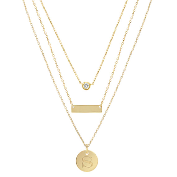 14k Yellow Gold Bar, Disk and Diamond 