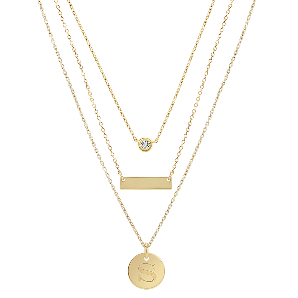 14k Yellow Gold Bar Disk and Diamond Layered Necklaces