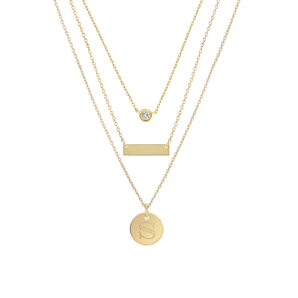 14k Yellow Gold Bar Disk and Natural Diamond Layered Necklaces