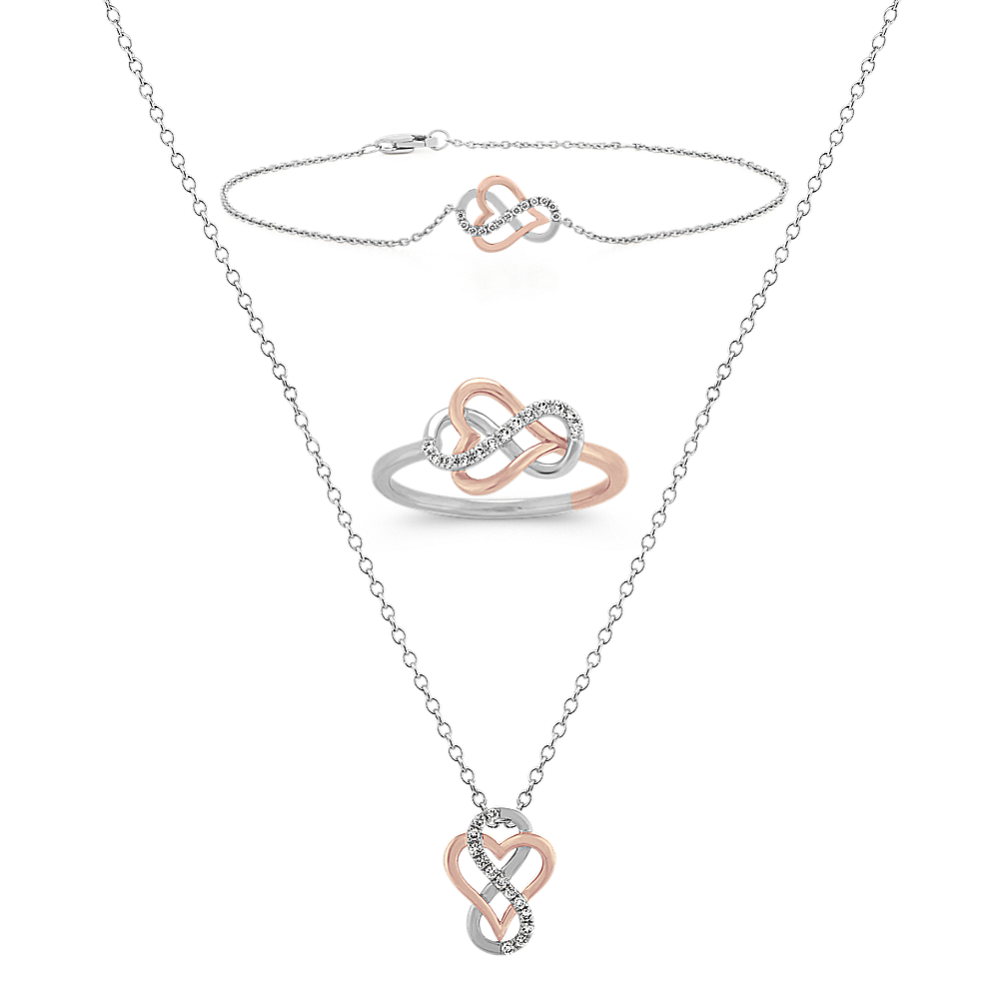 Diamond Infinity Heart Pendant Ring and Bracelet Matching Set