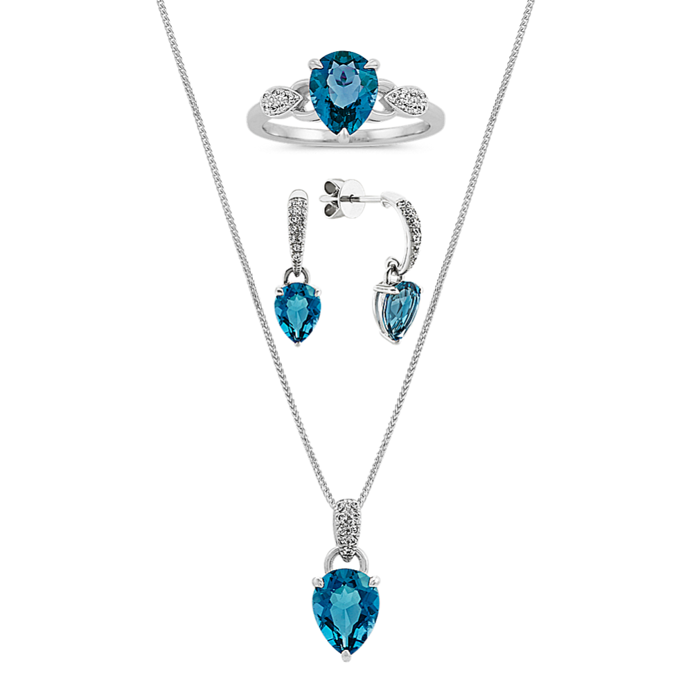 London Blue Topaz Ring Earrings and Pendant Matching Set