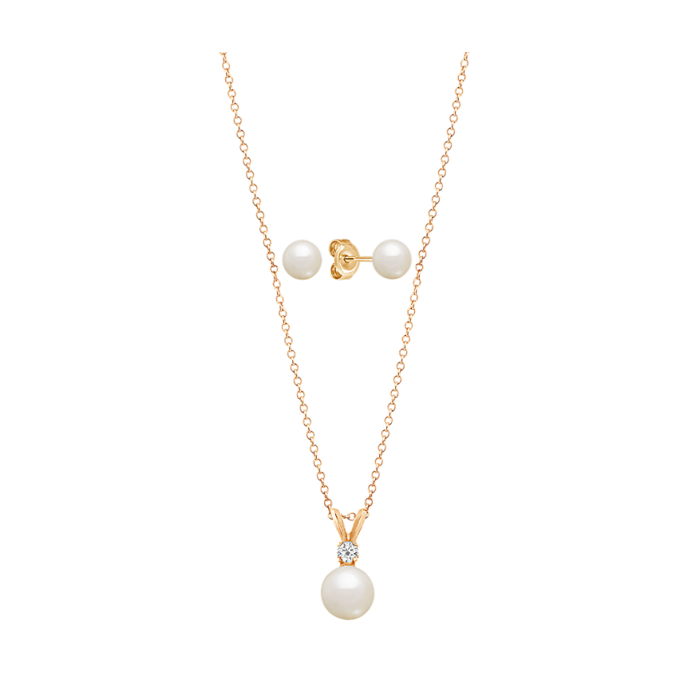 Pearl and Natural Diamond Matching Earrings and Pendant Set