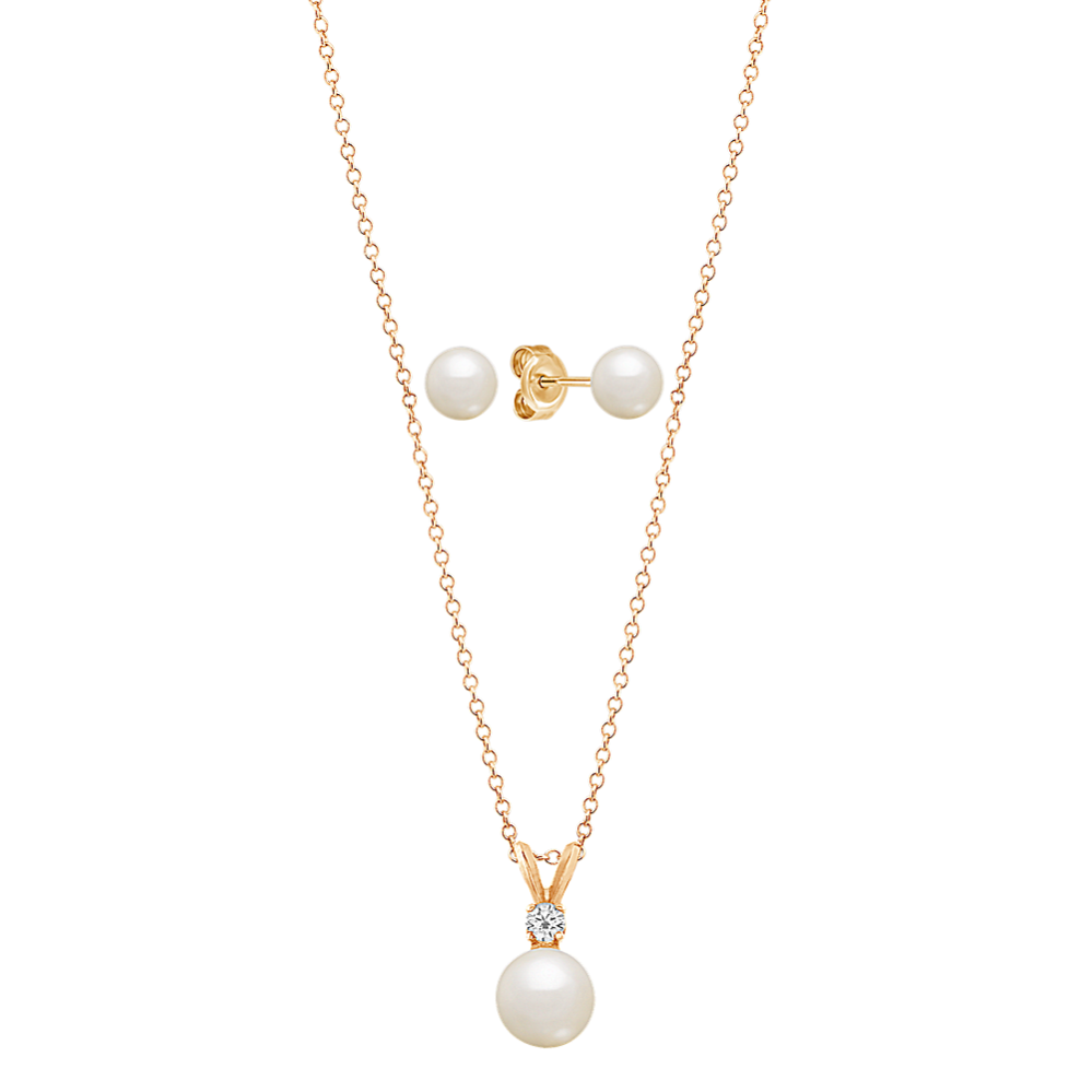 Pearl and Diamond Matching Earrings and Pendant Set