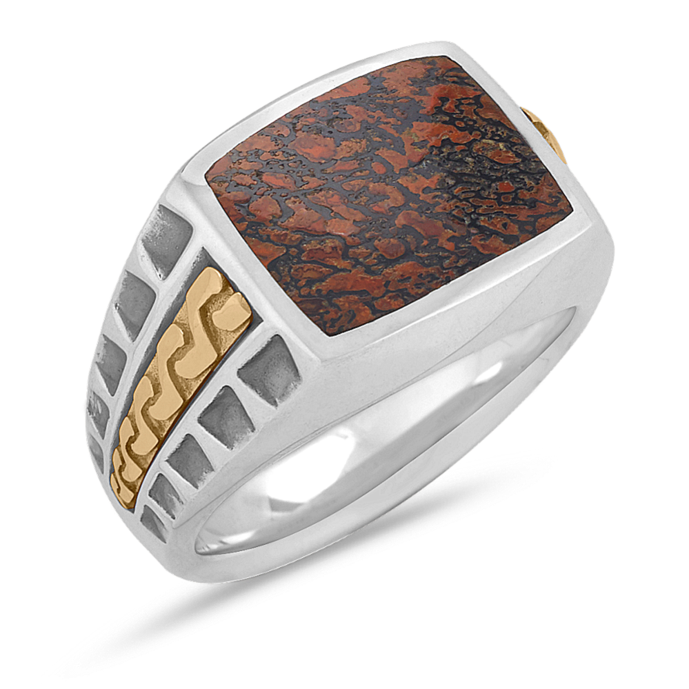 Red Dinosaur Bone Mens Ring in Sterling Silver and 14k Yellow Gold ...