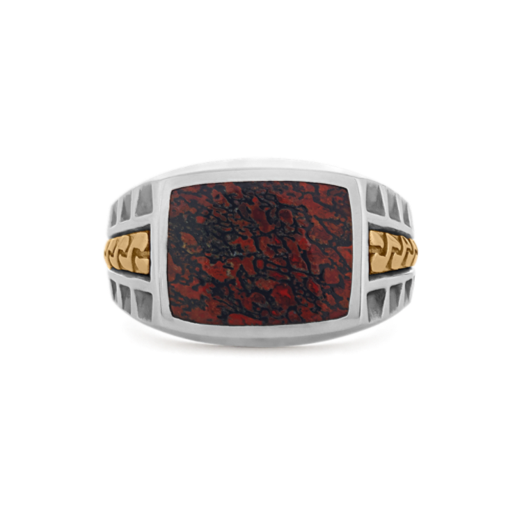 Red Dinosaur Bone Mens Ring in Sterling Silver and 14k Yellow Gold