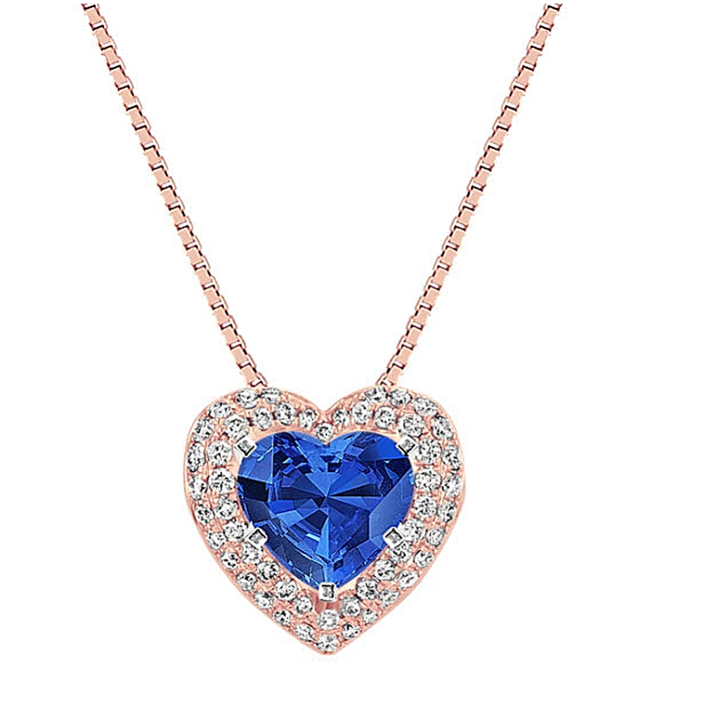 Traditional Blue Sapphire and Diamond Heart Pendant (18 in)