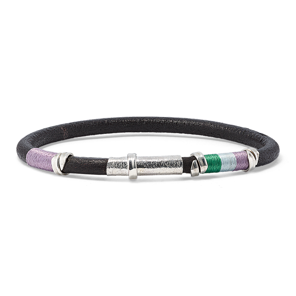 Wind Elements Leather Bracelet with Silk & Silver