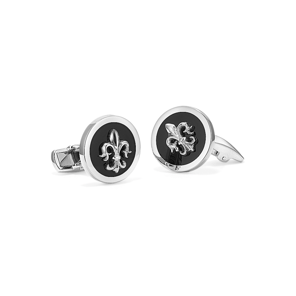 Onyx Fleur-De-Lis Cufflinks in Sterling Silver